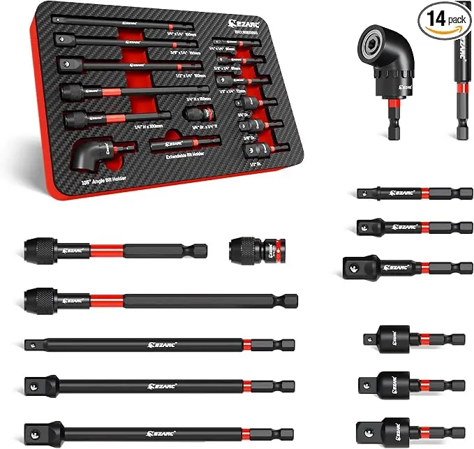 EZARC 14PC Impact Socket Adapter Set, 1/4",3/8",1/2" Square Drive Socket Adapter,Quick-Release & Magnetic Drill Bit Extension,Swivel & Right Angle Drill Attachments for Power Drill & Impact Driver, summervibes, fathersdaygift