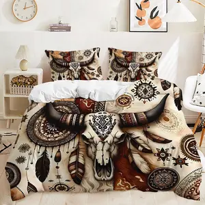 2/3Pcs Boho Bull Skull Pattern Duvet Cover Set, Southwestern Tribal Art Bedding Set with Feathers and Geometric Mandalas Pattern, Soft Breathable Fabric, Earth-Tone Bedroom Decor, Includes 1 or 2 Pillowcase - No Filling/Zipper Closure