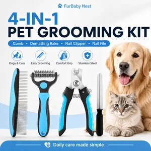 Pet Grooming Tool Upgraded Set (4 Counts), Shedding Grooming Kit, Hair Grooming, Double-Sided Hurtless Shedding Brush, Dematting Undercoat Rake Comb, Pet Nail Clippers for Dogs and Cats, Reduces Shedding and Flying Hair for Indoor & Outdoor Use Essentials