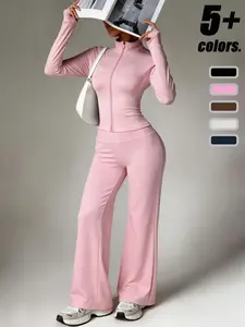 Women's High-Waisted Zipper Jacket and Wide-Leg Pants Set, V-Back Design, Slim-Fit, Casual Style, All Seasons, Gym & Daily Wear, Athleisure Activewear Set, Stretchy Suit Set