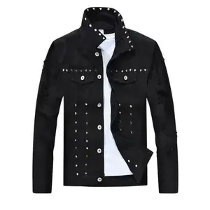 Cotton-blended men's squeak denim jacket - Long-sleeved punk style, rivets, buttons, casual fit, durable fabric coat men's clothing