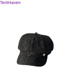 2026 new lace octagonal hat for women in spring and autumn, white newsboy hat with black curved brim and duck tongue to show off face, small beret hat,summervibes
