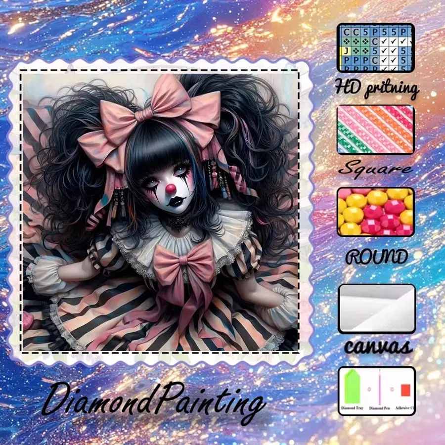 5D-DIY, velvet canvas, diamond art, Diamond pattern design, diamond painting kit, bow, curly hair, striped skirt, AB diamonds, crystal diamonds, home decoration, handmade diamond art painting kit, Handcraft, Diy Kits