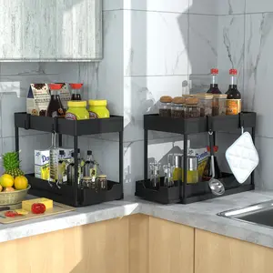 Dual Layer Pull-out Tabletop Storage Organizer, Detachable Multipurpose Counter Caddy for Bathroom Toiletries, Cosmetics and Kitchen Spices
