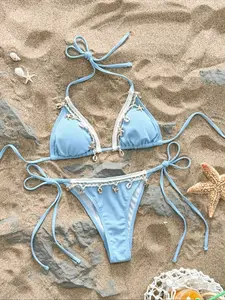 Women's Conch & Starfish Decor Halter Triangle Bikini Set, High Stretch Casual Fashion Chic Tie Back Backless Swim Top & Tie Side Swim Bottom for Beach Holiday Vacation, Ladies Ribbed Swimwear for All Seasons, Bikinis Sets, Summer Bikini Beach