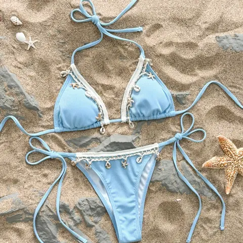 Women's Conch & Starfish Decor Halter Triangle Bikini Set Swimsuit, Spaghetti Strap Bikini, High Stretch Tie Back Backless Swim Top & Tie Side Swim Bottom for Beach Holiday Vacation, Ladies Ribbed Swimwear, Halter Neck Bikini