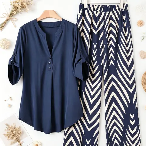 Plus Size Women's Two-Piece Set V-Neck Open Front Button Blouse High-Waisted Wide-Leg Straight Pants Fashionable Casual Print Outfit, e for Summer, Daily Commuting, and Casual Wear Matching Sets, Casual Loungewear Set, Loose Pant Sets, Clothes Set