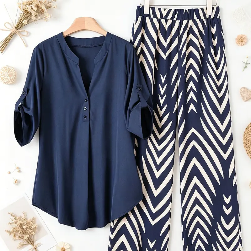 Plus Size Women's Two-Piece Set V-Neck Open Front Button Blouse High-Waisted Wide-Leg Straight Pants Fashionable Casual Print Outfit, e for Summer, Daily Commuting, and Casual Wear Matching Sets, Casual Loungewear Set, Loose Pant Sets, Clothes Set