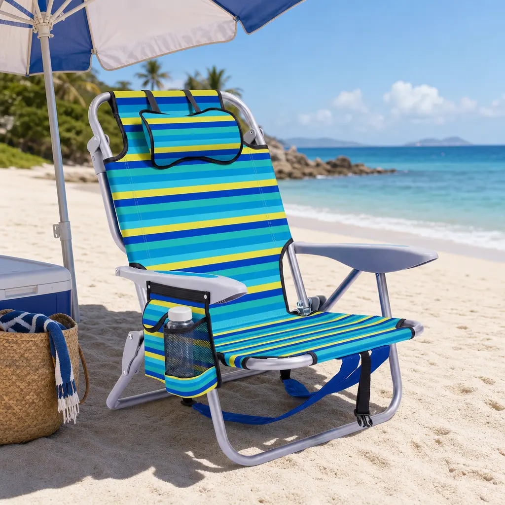 Foldable backpack-style beach chair with 5-position recline adjustment, featuring a headrest, cup holder, and side storage pockets. Comes with a shoulder strap for carrying on your shoulder. Portable and stylish, ideal for the beach, camping, and fishing.