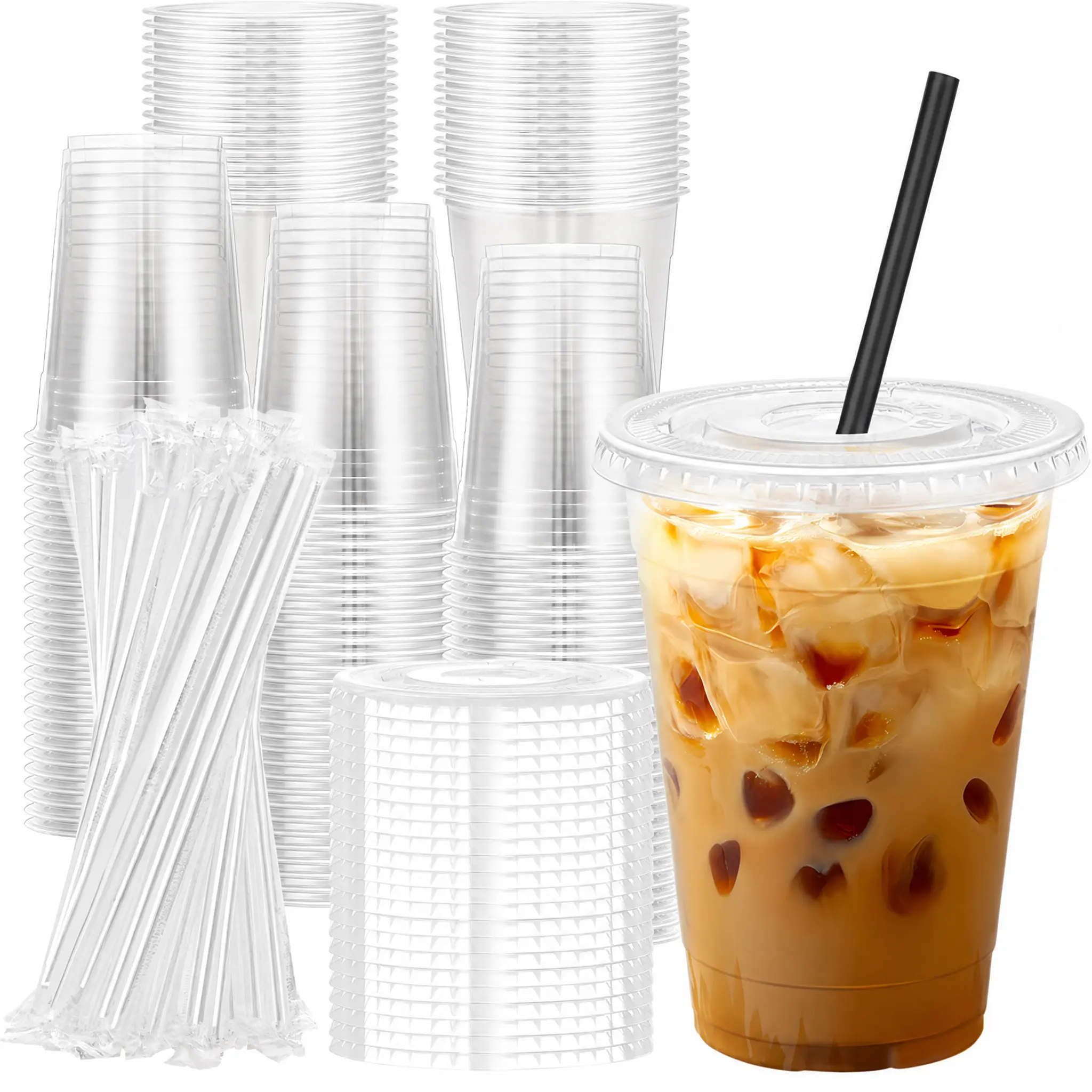 20 Sets 16oz Clear Plastic Cups with Lids, Round Bottom | Disposable Coffee Cups for Cold Drinks Smoothies Juice, Sturdy Leak-proof Design, Perfect for Parties Cafes Home Office