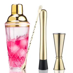 Cocktail Shaker Set - Glass Mixed Drink Shakers  Martini With Strainer For Bars (gold Set)