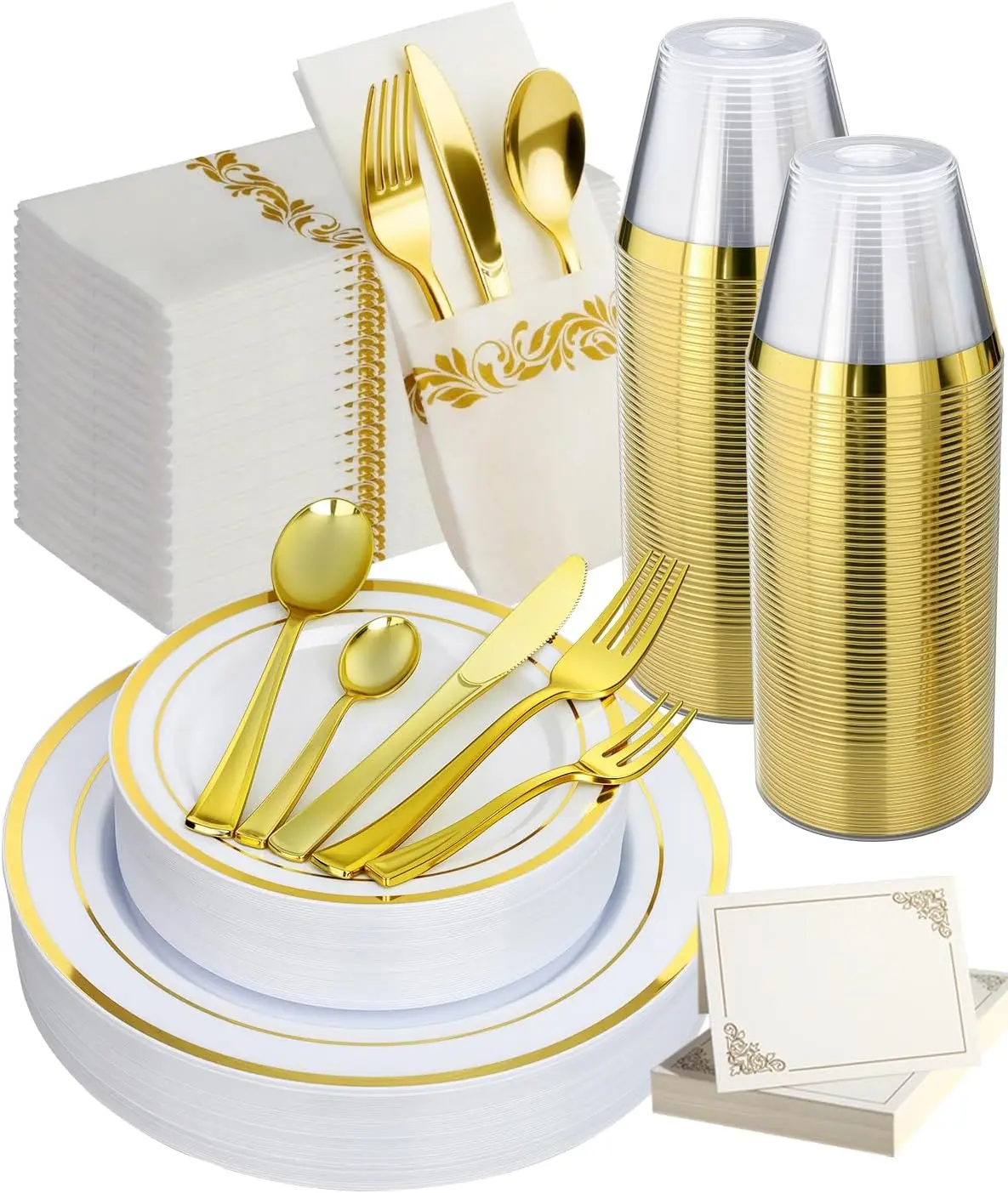 250PCS Elegant Gold Disposable Dinnerware Set for 25 Guests, Include: 50, 25 Place Cards, 25 Cups, 50, 50, 25, 25 for Weddings/Parties/Graduation