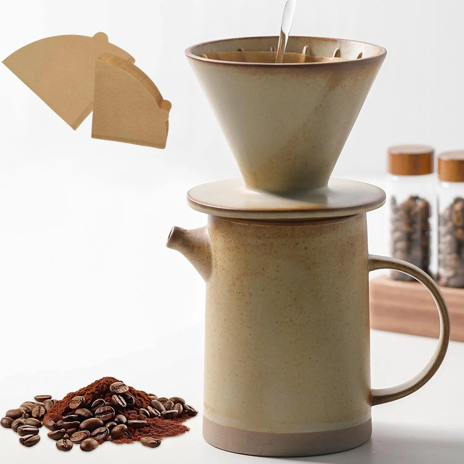 Pour Over Coffee Maker Set Vintage Ceramic Pour Over V60 Coffee Dripper Set with 20 Count Paper Coffee Filters,for Home Cafe Restaurant Camping,15.8 Ounces(Yellow)