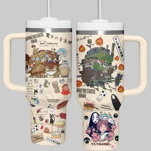 My Neighbor Totoro Anime Inspired 40oz Tumbler with Handle, Cute Forest Spirit Aesthetic Cup, Ghibli Style Character Fan Gift, Cozy Fantasy Travel Mug, Stainless Steel Insulated Tumbler