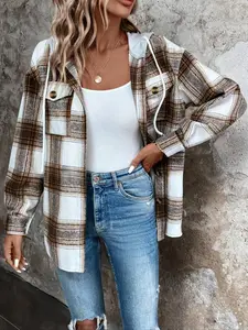 Loose Plaid Casual Shirt Jacket, Drawstring Hooded Drop Shoulder Coat, Long Sleeve Button Front Outerwear Casual Jackets for Men & Women