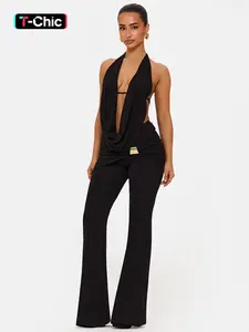 Women's Fashion Halter Low Neck Backless Tie Top + Metal Buckle Flared Pants Set, Casual Comfortable All Seasons Womenswear