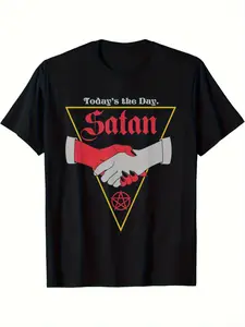 [1pc Satanic T-Shirt] 1pc Satanic Handshake 666 Pentagram T-Shirt 100% Crew Neck Tee with Slight Stretch, Geometric Pattern, Casual & Sports Style for Adults, Four Seasons