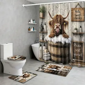 4pcs Happy Highland Cow Calf Bathing Design Bathroom Shower Curtain and Mat Set, includes 12 hooks, non-slip bathroom mat, non-slip toilet U-shaped mat, toilet seat cover, bathroom partition, Shower Curtain Sets, modern home decor.