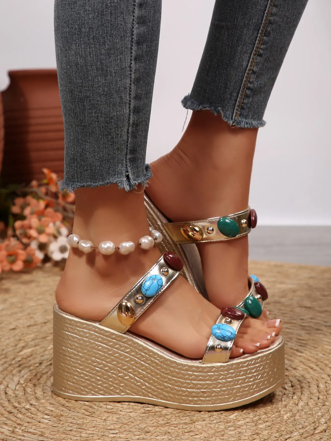 New Ethnic Style Colorful Turquoise Block Heel Sandals for Women, Summer Outdoor Wear, Versatile Thick Sole Strap High Heels