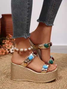 New Ethnic Style Colorful Turquoise Block Heel Sandals for Women, Summer Outdoor Wear, Versatile Thick Sole Strap High Heels