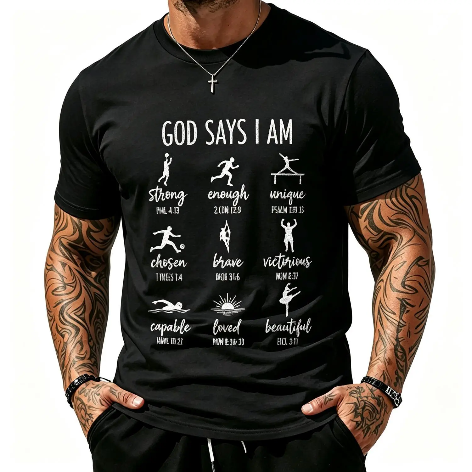 Christian Faith Affirmation Cotton T-shirt Featuring “God Knows Who I Am” Design with Inspirational Scripture Quote Brave Victorious Capable Loved Beautiful Unique Chosen Unisex Spiritual T-shirt Gift For Believers