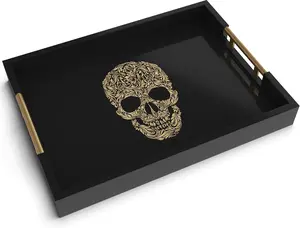 Death Decor Gothic Skull Serving Tray with Gold Handles Black Gloss Wooden Ottoman Tray for Coffee Table Bar or Kitchen Elegant Gothic Decor Unique Gift for Halloween Horror & Alternative Style Lovers - Plates Tableware
