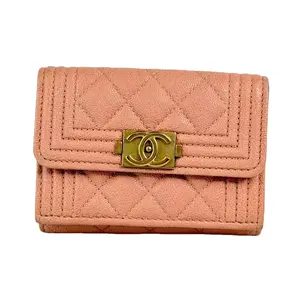 Pre-owned CHANEL Leather Small Leather Goods Pink Boy Quilted Caviar Compact Tri fold Wallet