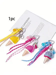 Ice Cream Woven Bag Charm Realistic 3d Lollipop Embellishment Color-Block Ice Cream Cone Design With Tassels Multiple Colors Available Dopamine Sweet Girl Style Energetic And Cute For Bags, Keys, And Earphone Cases Bag Charm Keychain