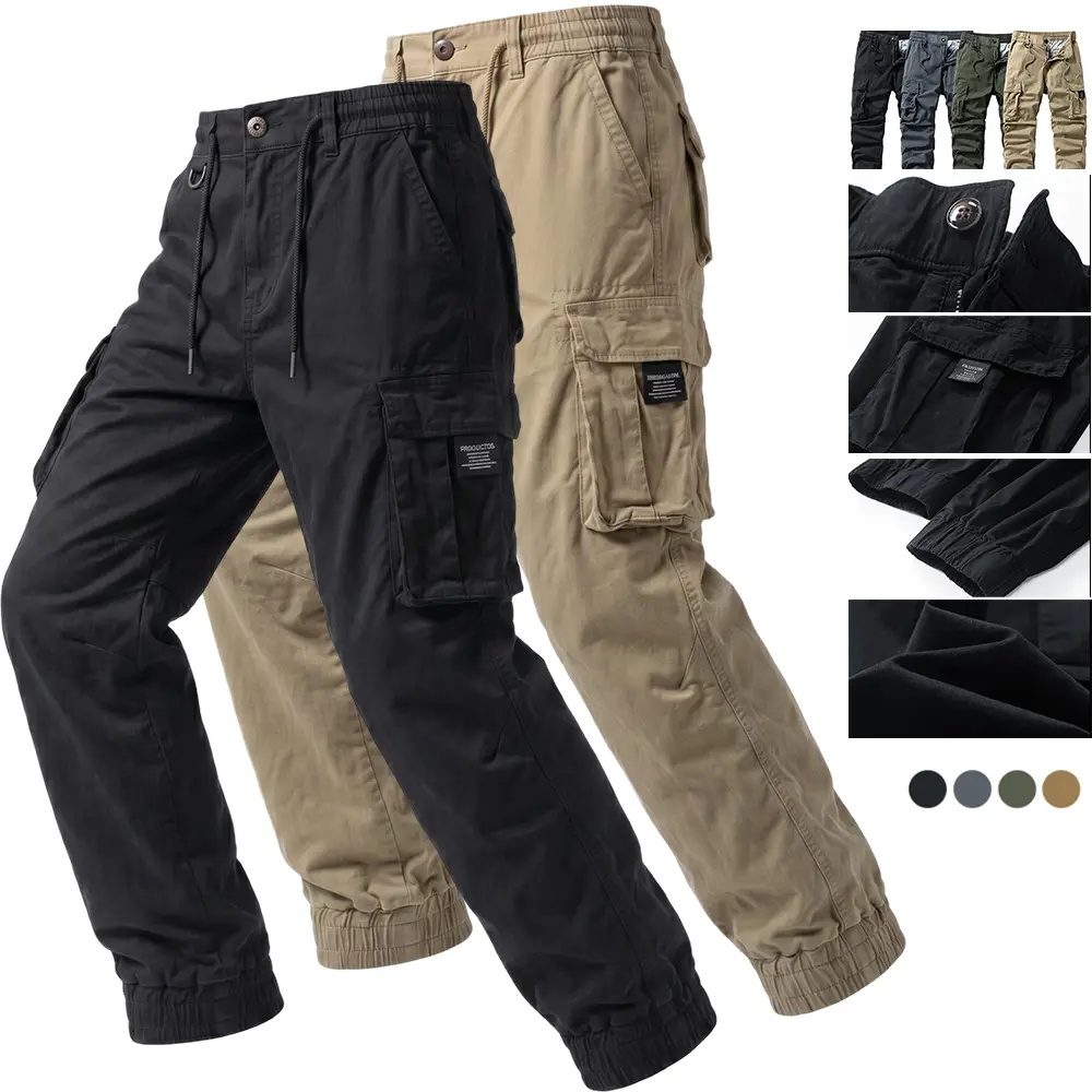 Menswear Tactical Cargo Pants for Men - Large-Capacity Side Pockets, Drawstring Waist, Comfortable Fit, 100% Cotton, Regular Straight-Leg Long Pants for Autumn/Winter
