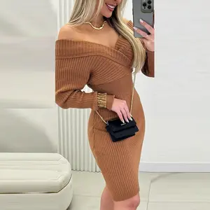 Women's Off Shoulder Slim Fit Knit Long Sleeve Dress Bodycon Sweater Dress