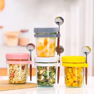 High-Quality Oatmeal Cups Transparent Glass with Lid Spoon Good Sealing Multiple Colors Available Breakfast Cup Set Overnight Oats Jar