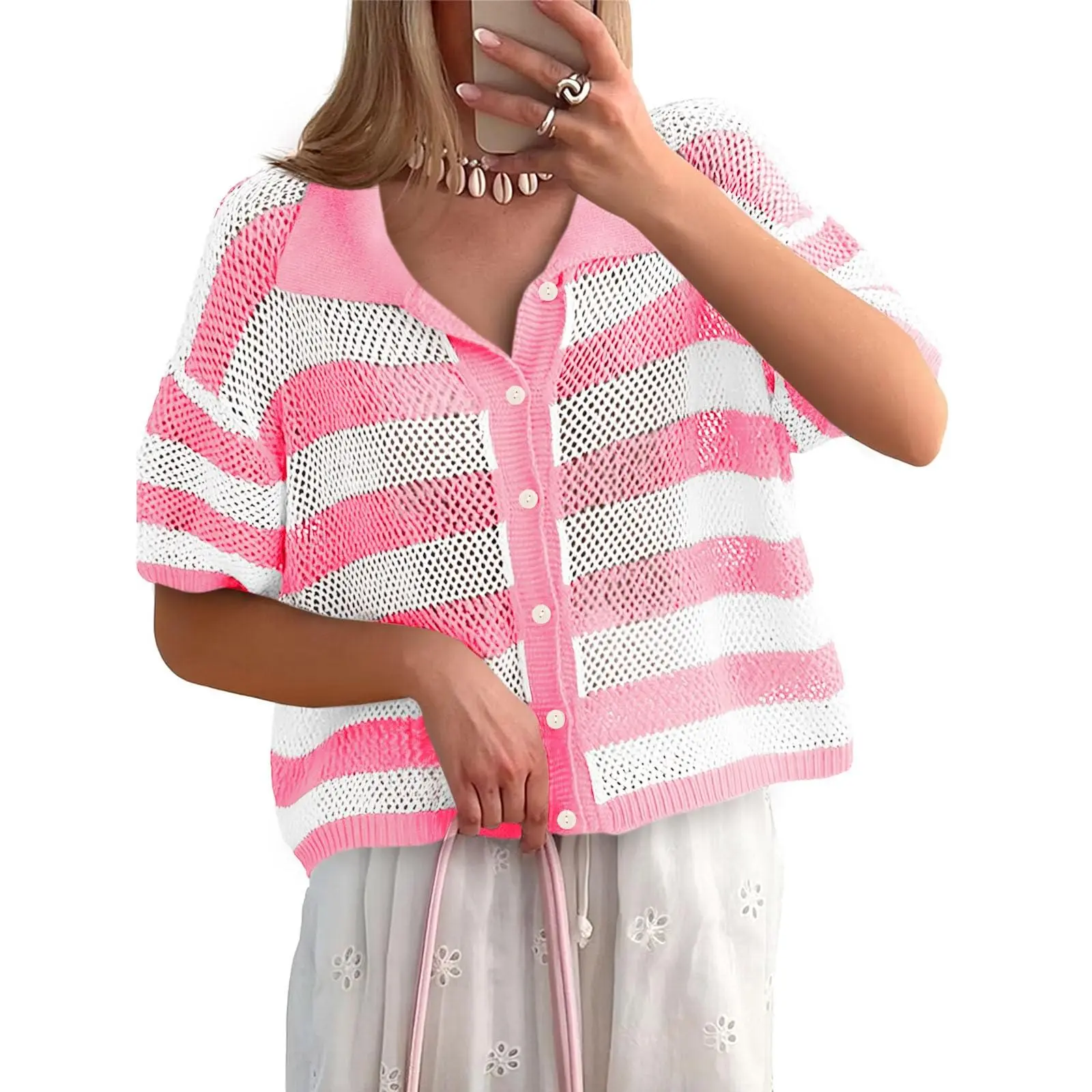 Imily Bela Womens Crochet Sweater Tops Batwing Short Sleeve Oversized Boat Neck Boho Knit Summer Beach Cover Ups
