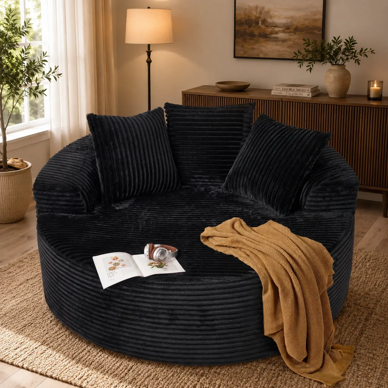 CAODOC 59" Oversized Round Sofa Bed, Boneless O Shape Chaise Lounge Chair with 3 Pillows, Plush Corduroy Deep Seat Couch, Lazy Sofa Bed for Living Room, Bedroom, Reading, Relaxing, No Assembly