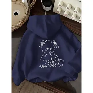 Women’s fun cartoon bear print hoodie, loose-fit polyester sports shirt, kangaroo pocket, long sleeves, autumn/winter wear, casual