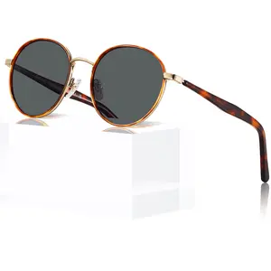 CARFIA Retro Round Polarized Sunglasses for Women UV Protection Acetate Arms Metal Frame Driving Glasses