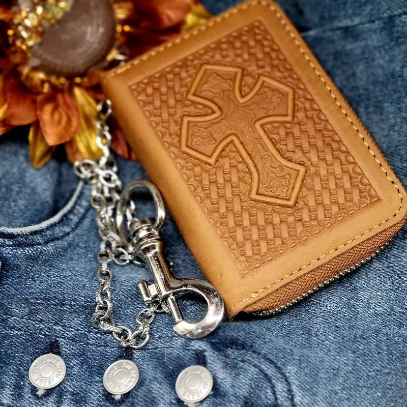 Hip hop Cross western Wallet with chain Real Leather Credit Card Holder Tooled mini jeans wallet.