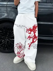 Men's Multi-Color Casual Sweatpants, Loose Fit, Gothic Print, Drawstring Waist, Comfortable Street Style, Ideal for Daily Wear, Sports, Parties, Athleisure Style Bottoms