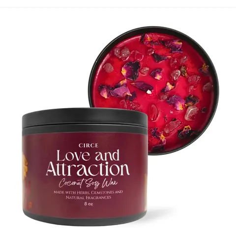 Circe Boutique Love & Attraction Ritual Candle 8 oz | Coconut Soy Wax with Rose Petals & Strawberry Quartz Crystal | Apple Cinnamon Scent | 50 Hour Burn | Manifestation Spell Candle for Romance Self-Love Gift for Her