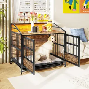 [Bellemave]Multi-function Furniture Style Dog Crates with Storage, Dog Crate Furniture Large Wooden Dog Kennel with Double Doors, for Large/Medium Dog Indoor