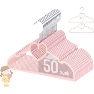 Heart Velvet Baby Clothes Rack Set of 50, 13 Inch Childrens Clothing Hanger with 20 Clips, Durable Non-Slip Thin Design
