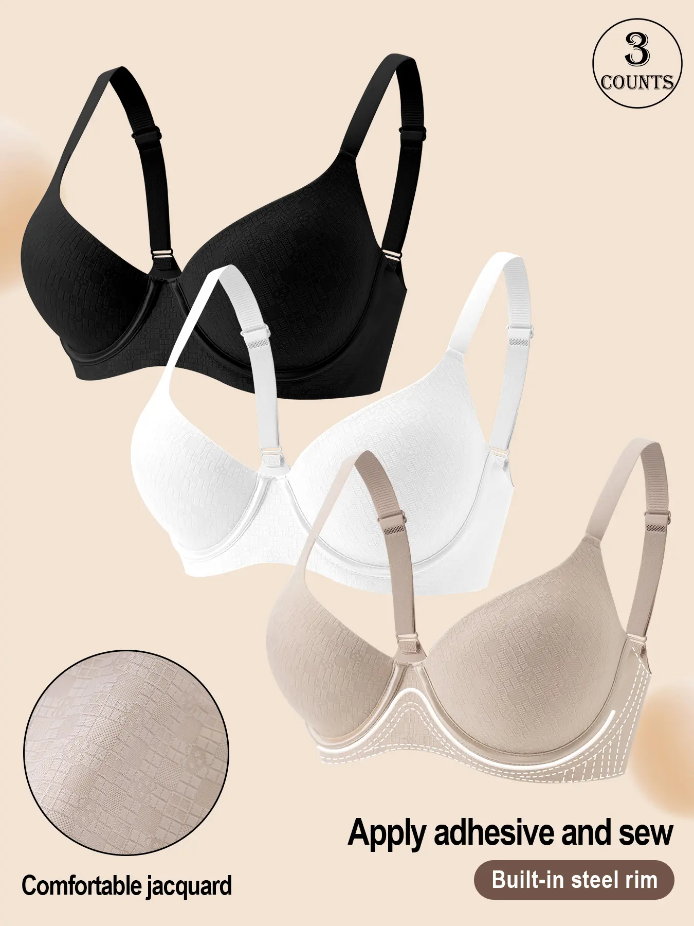 1/2/3/4/5/6 Pack / 6 colors available Women's seamless underwire bra, four-row two-hook, adjustable straps, XS-XL, all-day comfortable skin-friendly fabric, suitable for daily wear/dates/commuting, gathered and lifted, full cup women's seamless bra