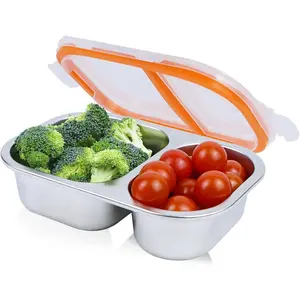 Large Stainless Steel Snack Box Containers,  2 Compartment Condiment Box with ,  Container Sauce Cups, Divided  Storage Containers for  and Travel (Clear Lid)