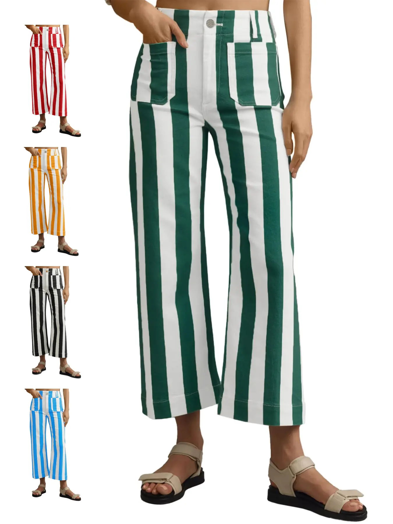 Renaishow Women's High-Waisted Striped Jeans, Stretchy Cotton Cropped Wide Leg Fit with Pockets and Buttons for School & Party Wear, T-Shirt, Trouser, Pants For Women, Zip, Lightweight, Casual Wear, High Waist, Breathable, Loose, Flat, Fitted, Style, Trou