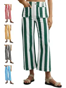 Renaishow Womens Striped Jeans Wide Leg Trousers Casual High Waisted Stretchy Straight Leg Denim Pants with Pockets