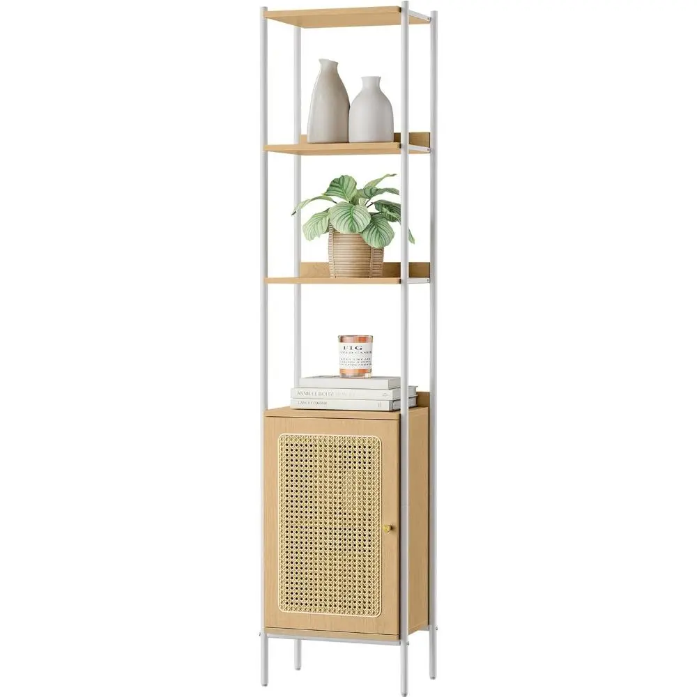 6- Bookcase, Bookshelf with Rattan Doors, Bohemian Style, Freestanding 15.7 Inch Wide Storage Rack, Metal Frame, Adjustable , for Living Room, Oak Beige and Pearl White utility shelf