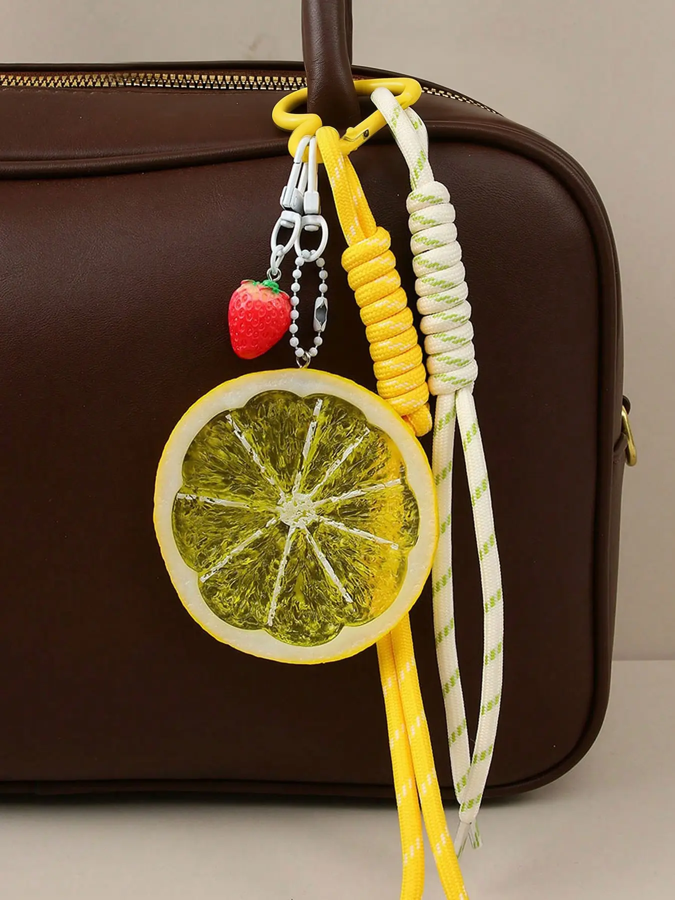 personalized simulation fruit bag hanging, simulation lemon slice pendant, bead chain strawberry embellishment, woven hand rope, can be used as bag hanging and keychain, Bag Charms, Bag Accessory, essential for daily commuting and shopping