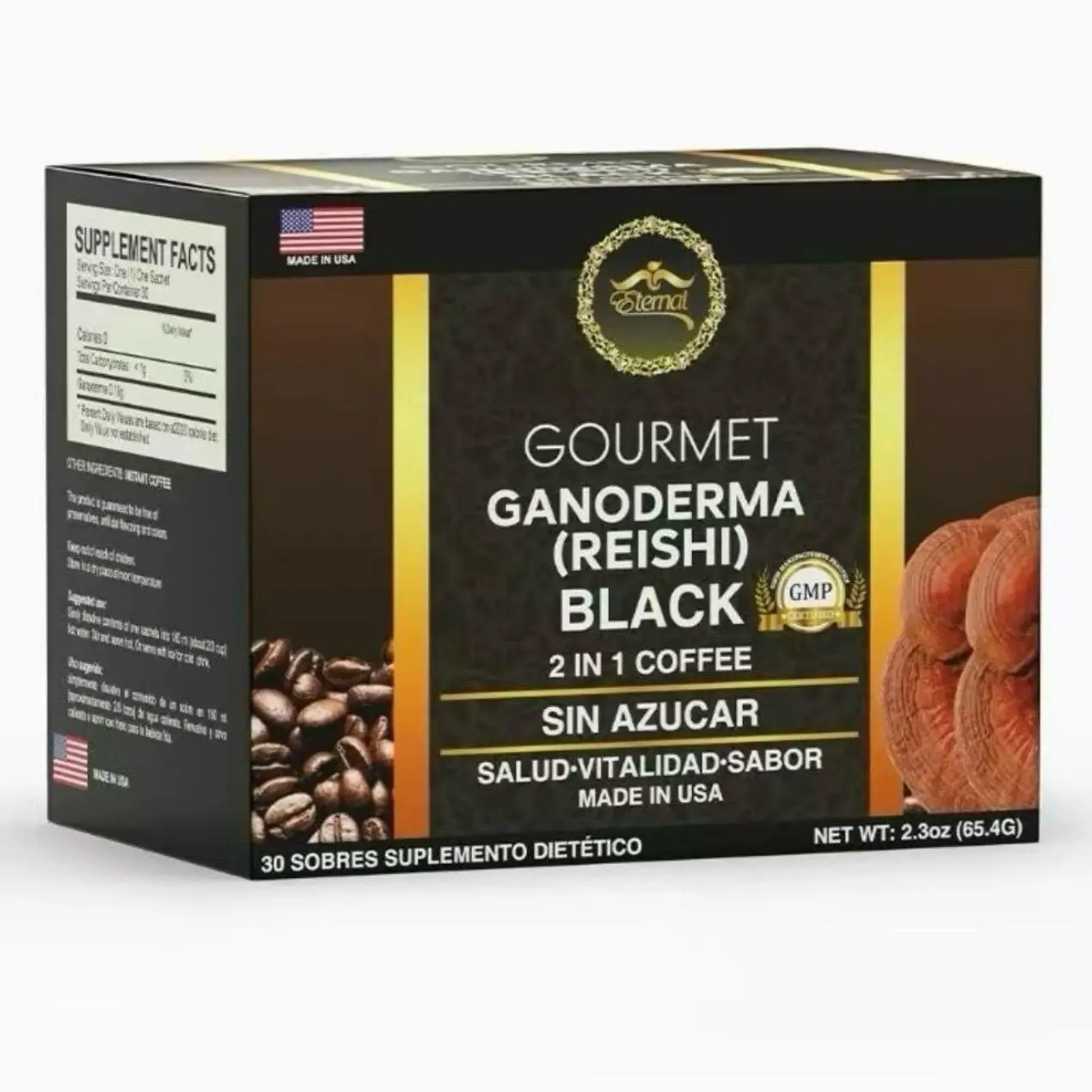 Gourmet Ganoderma (Reishi) Black Coffee - 2 in 1 Instant Coffee, Sugar-Free, Made in USA, 30 Sobres Suplemento Dietetico Beverage
