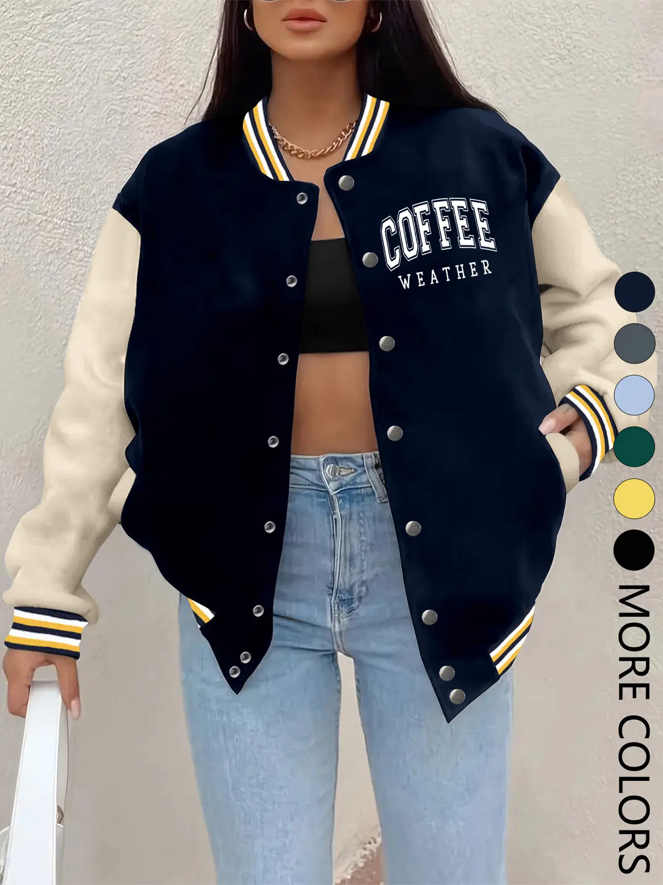 New Women's Baseball Jacket Fall Winter, Creative Letter Print, Button, Fitted Casual Sporty Coat, Comfortable Versatile Jacket, Multiple Trend Colors, Womenswear, Casual Fashionable Outerwear