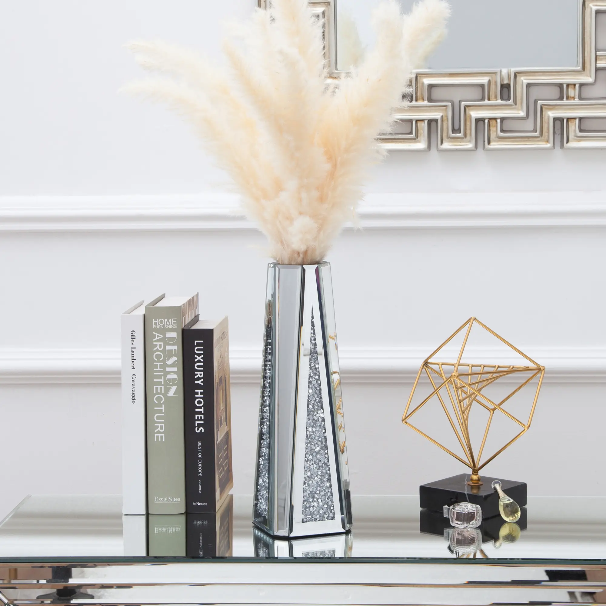 13IN Crushed Diamond Mirrored Vase for Home Decor Crystal Silver Glass Decorative Mirror Vase for Flowers Centerpieces , Can't Hold Water Ornaments