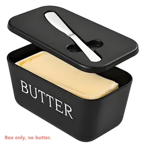 Large Plastic Butter Dish With Lid And Knife,Food Grade PP Butter Holder Keeper With Cover For Kitchen Refrigerator Black Butter Container